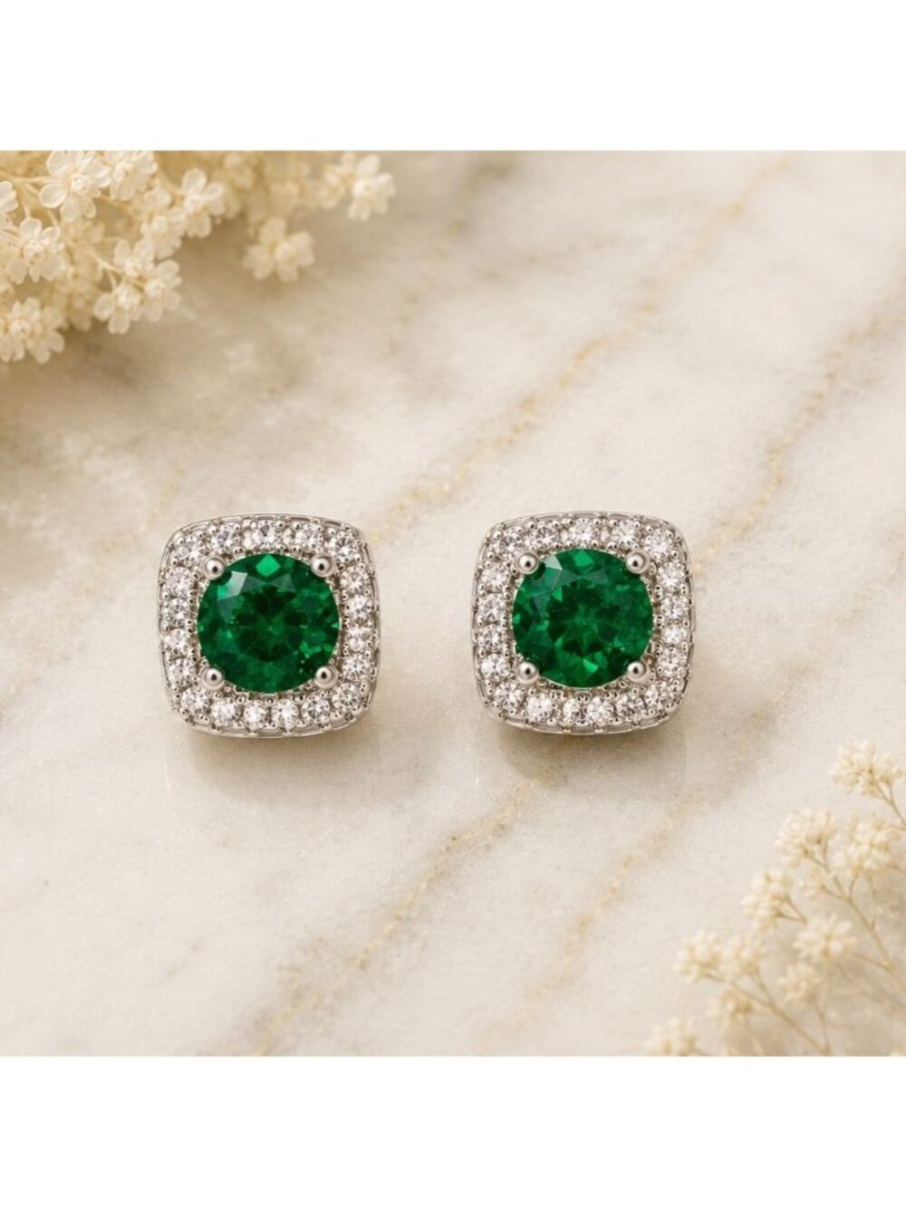 Vintage Emerald Green Swarovski Crystal Halo Stud Earrings Silver Overlay 9.5mm